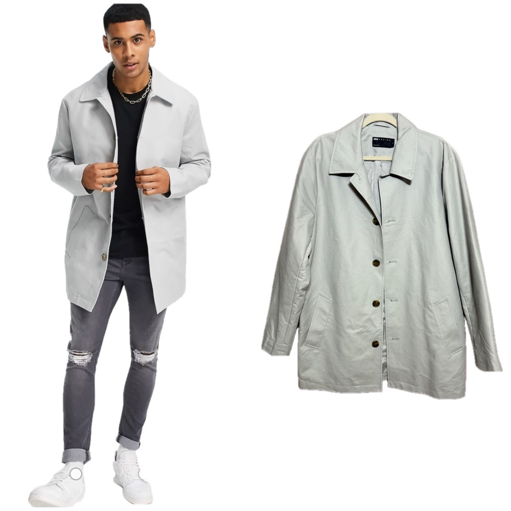 ASOS Design Men's Water Resistant Trench Coat Gray Size Large Shower Resistant